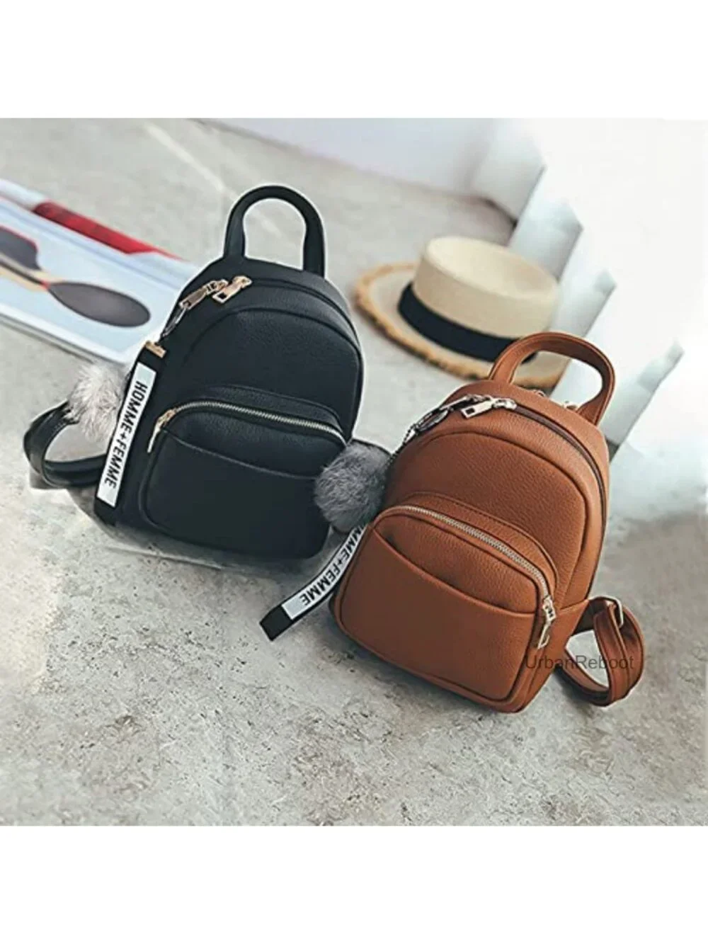 Mini Backpack PU Leather Daypack Small Rucksack with Pompom for Travel